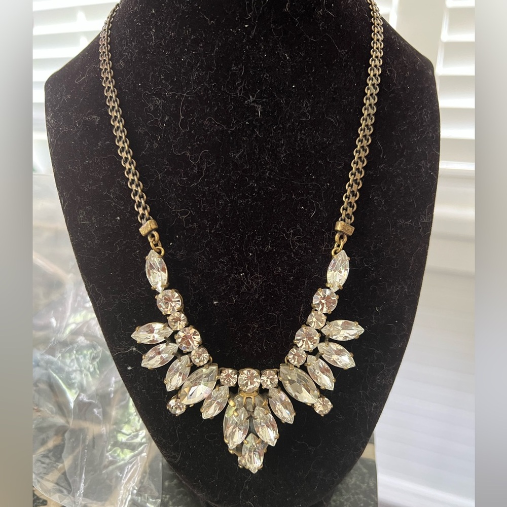 J Crew clear crystal antique gold tone layered pendant statement necklace.